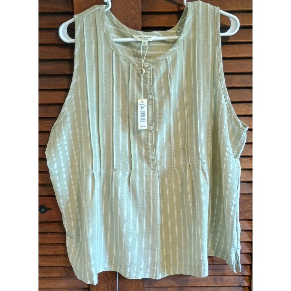 NWT Max Studio Womens Sleeveless Blouse Boho 2X Green White Lightweight